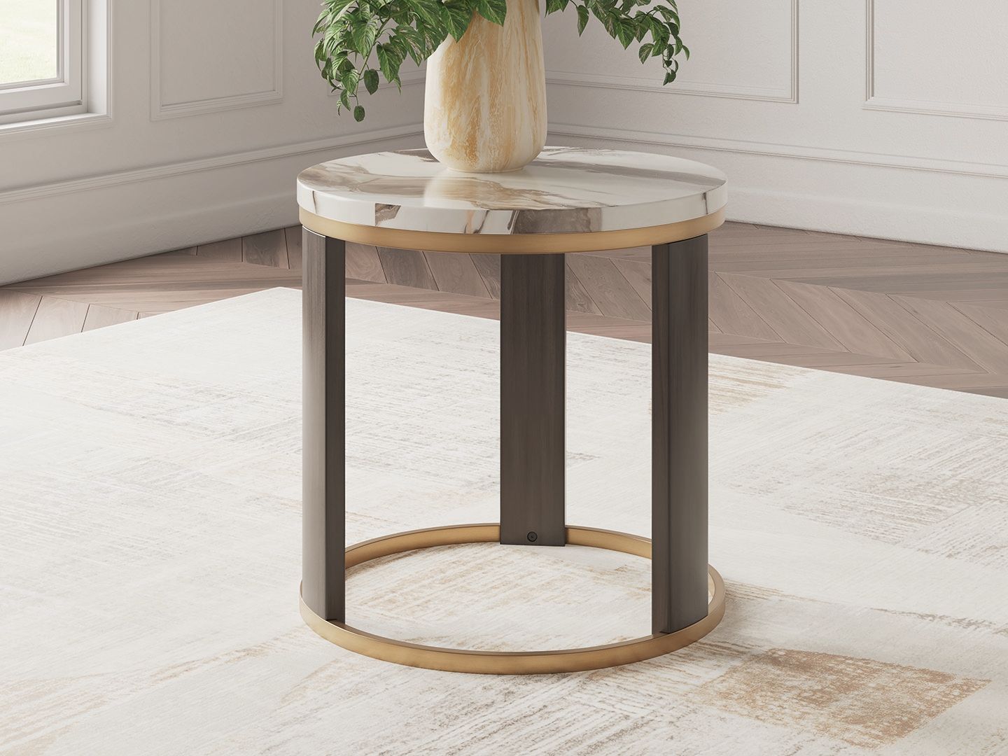 Jazmore - Round End Table - Brown / Brass Finish