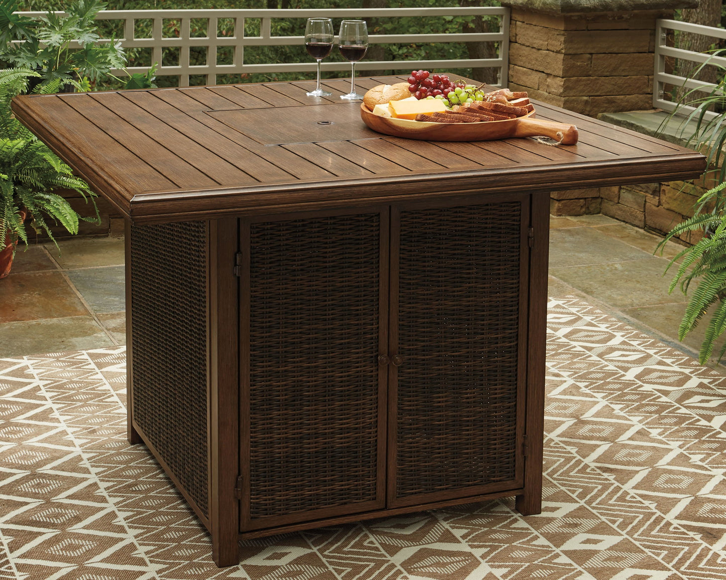 Paradise Trail - Square Bar Table w/Fire Pit - Medium Brown